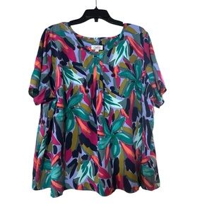 Denim&Co Multicolor Floral Short Sleeve blouse in Teal & Pink